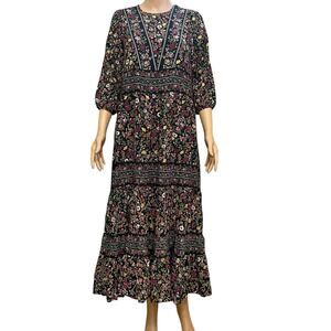 Donna Bella Prairie Maxi Dress Medium Floral Boho Peasant Modest Flowy Tiered